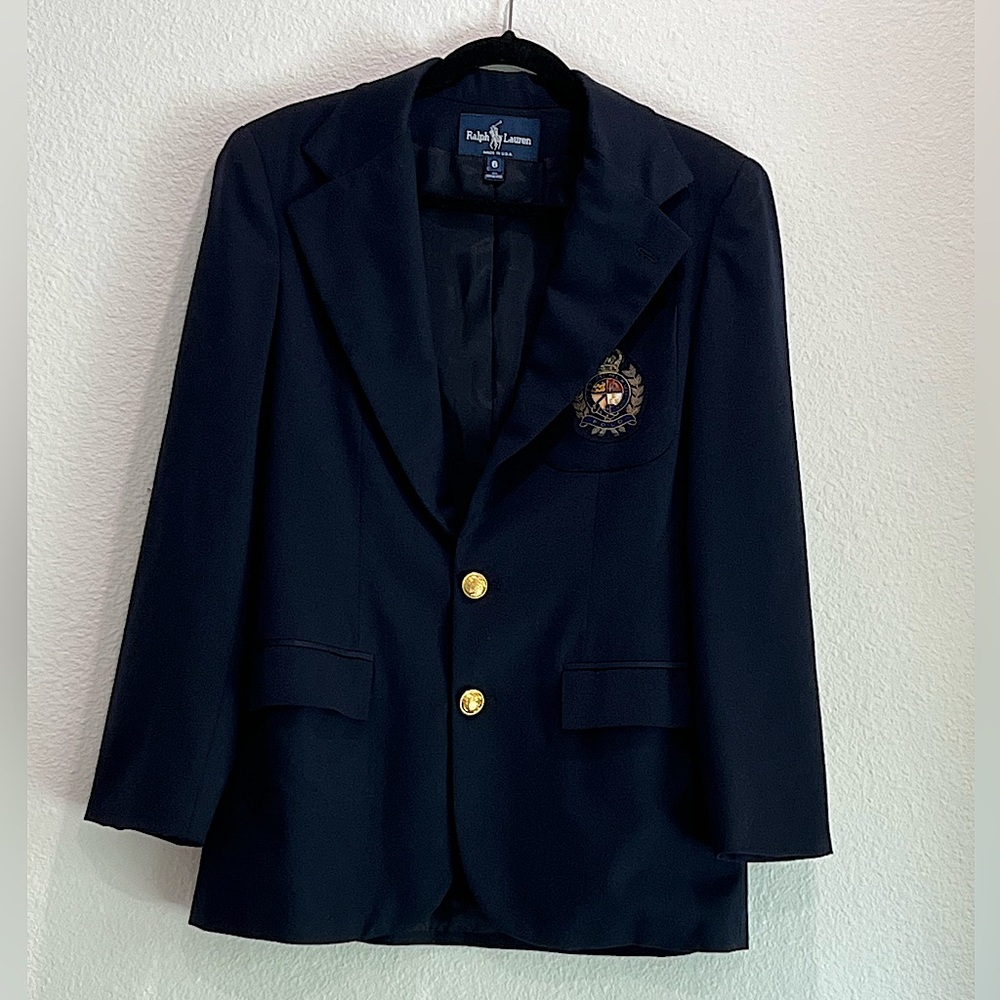 Vintage Ralph Lauren Crested Navy Blazer Size 6 100% Wool